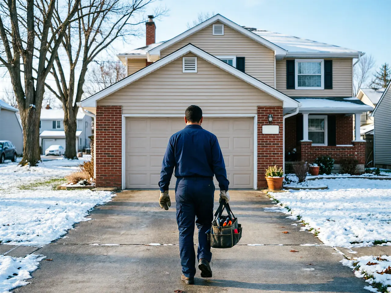 A technician walks toward a house with a beige garage door on a snowy day.