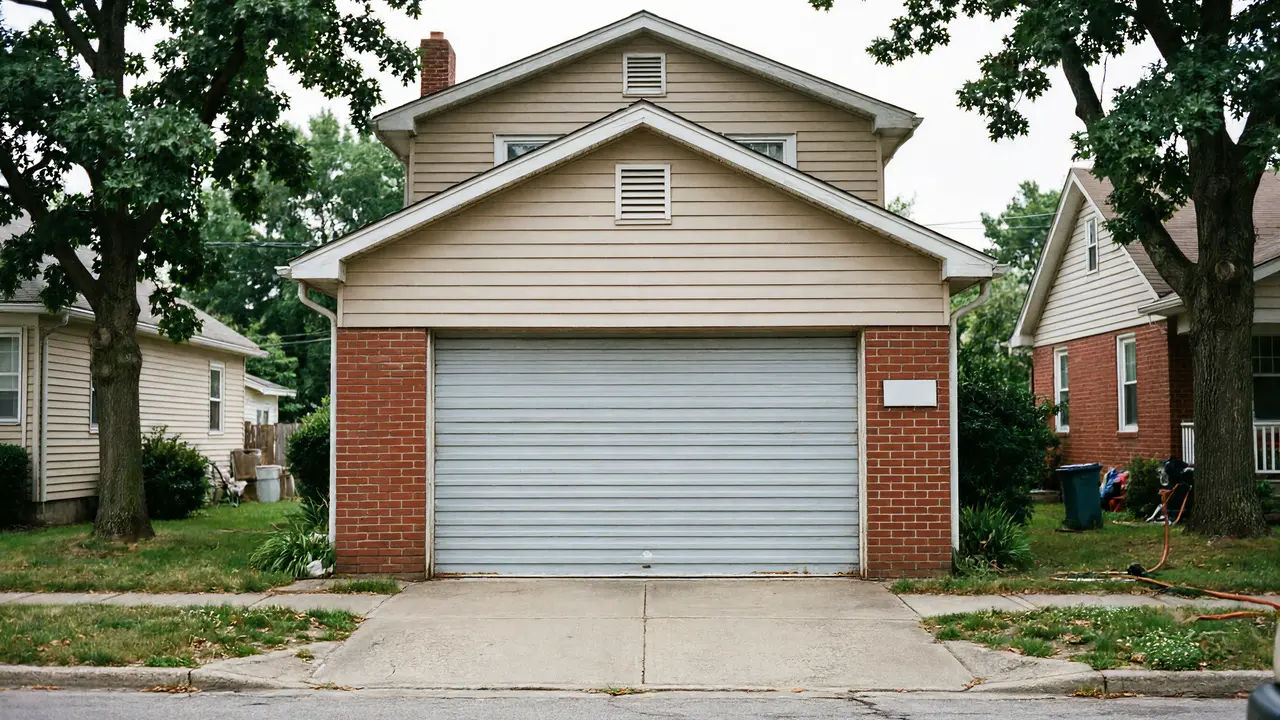 The house has a light gray garage door with horizontal panels and brick on the sides.