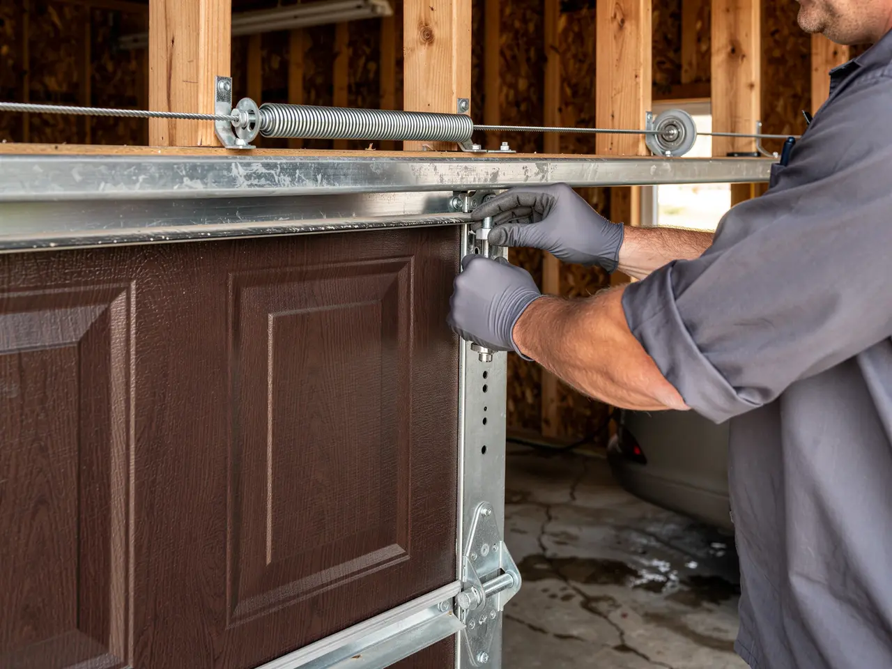 A technician wearing gloves adjusts a brown garage door with a spring and cable system.