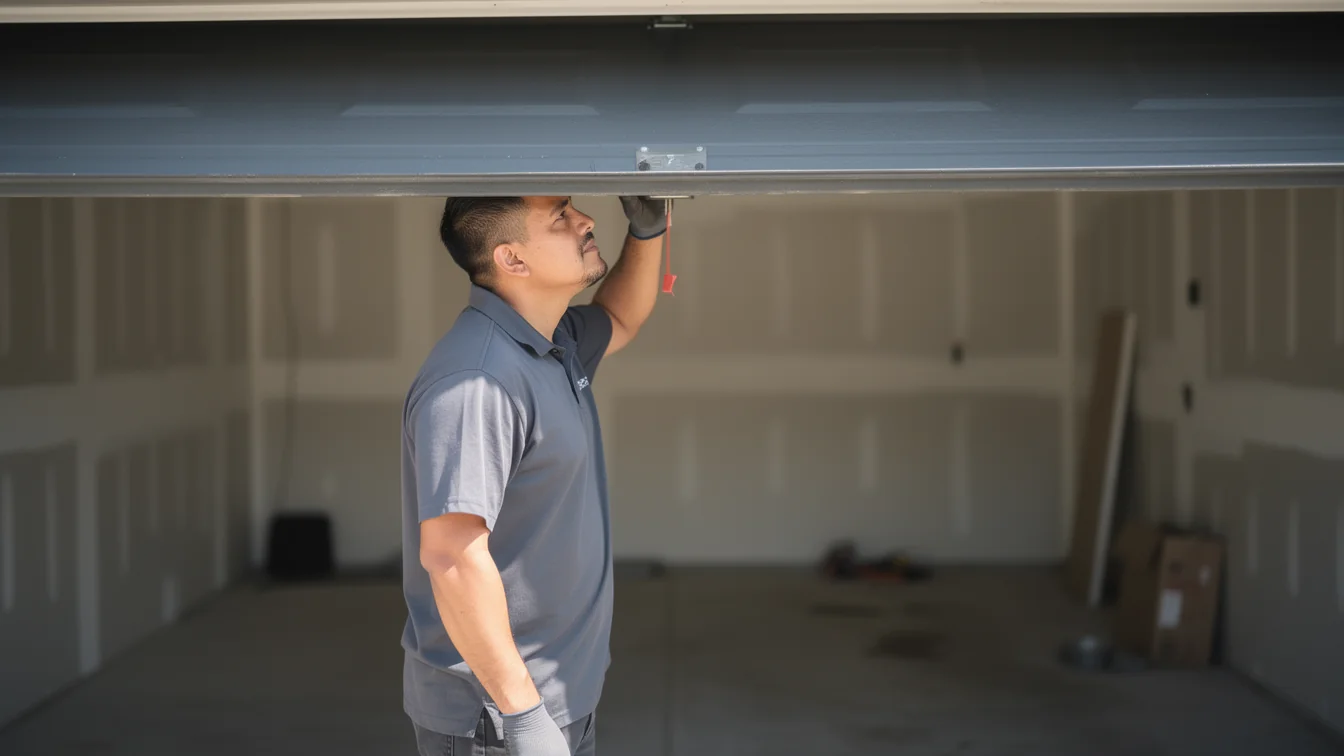 A technician in a gray shirt is looking up at an open garage door.