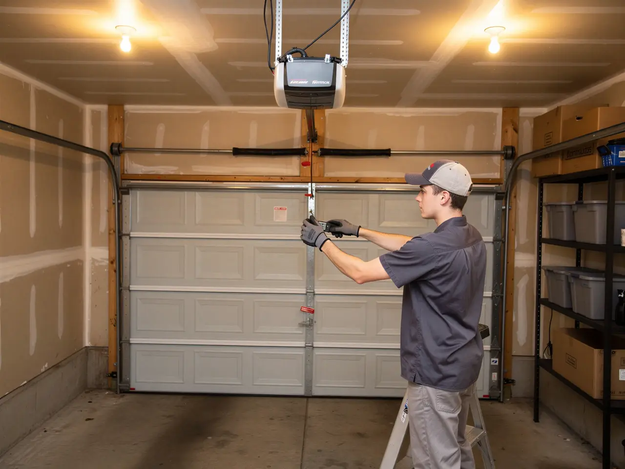 A technician on a ladder adjusts a garage door opener's safety sensor.