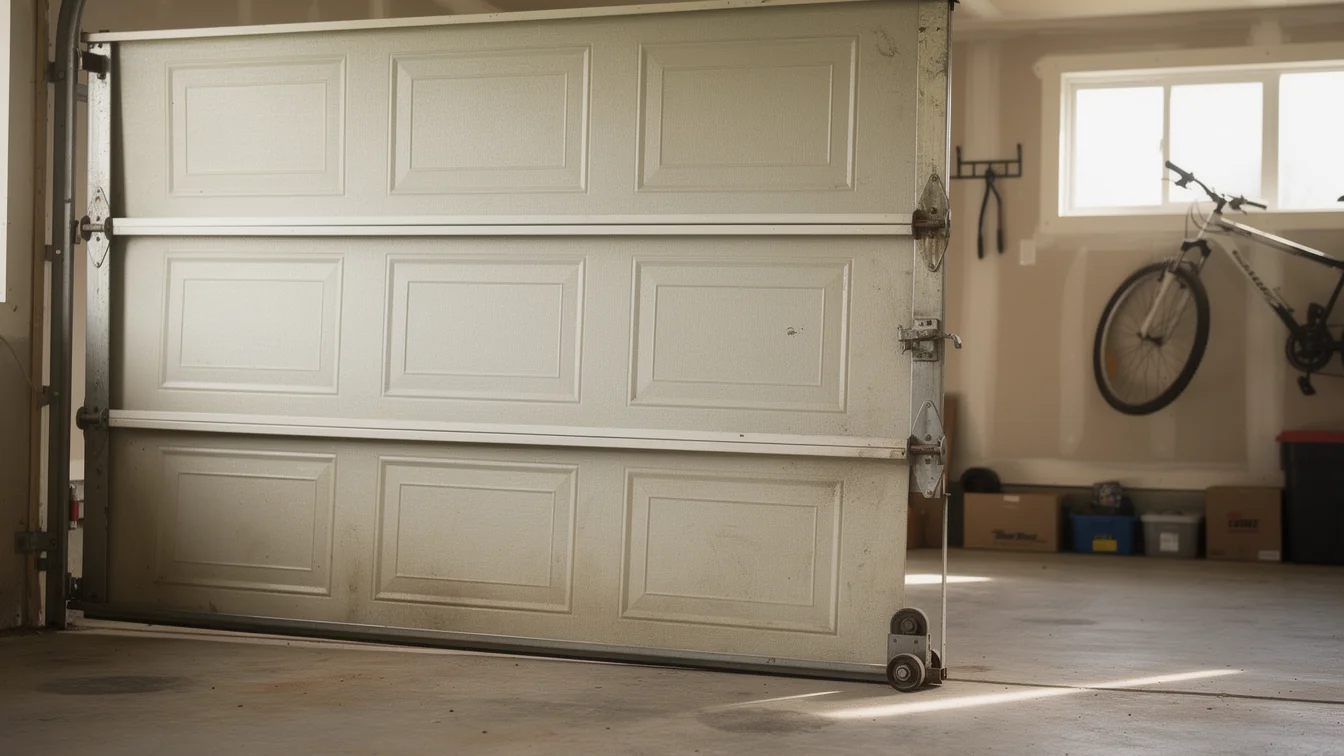 A white garage door is partially open with a bicycle hanging on the back wall.